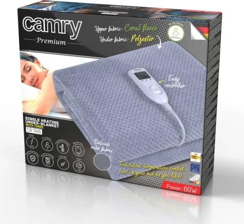 Nën-batanije elektrike me kohëmatës, Camry CR 7416, një‑personëshe 150x100 cm, 8 nivele ngrohjeje, lavazh 30°C, gri