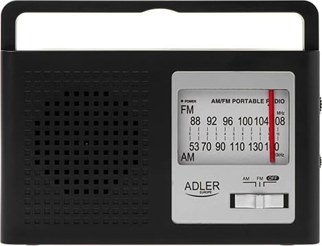 Radio portative AM/FM, Adler, AD 1909, diapazon AM 522-1620 kHz dhe FM 87.5-108 MHz, jack audio, antenë teleskopike, 4W, funksionim me rrymë ose 2x R20