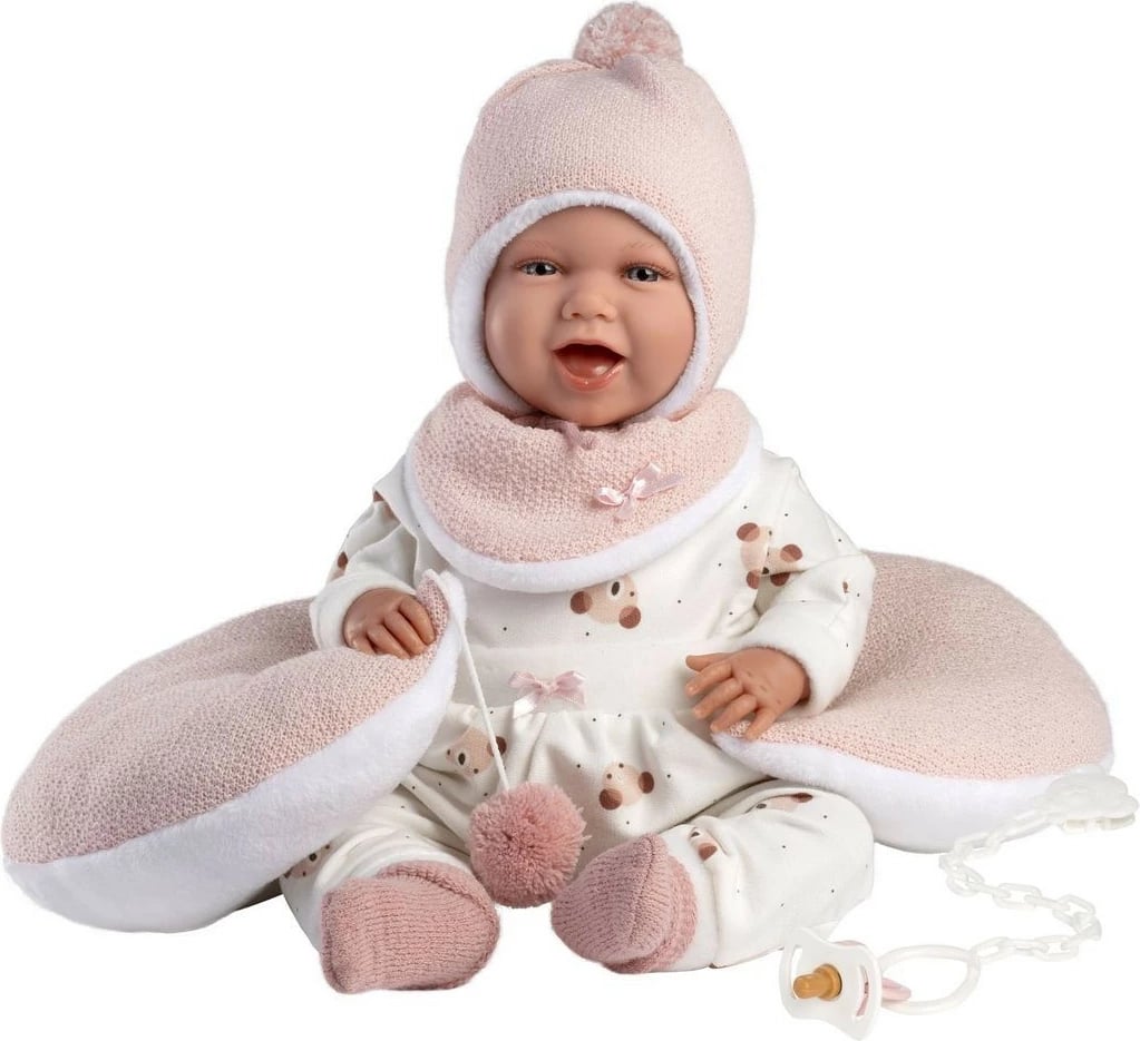 Kukull bebe Llorens Mimi 42 cm me jastëk kroasant, rozë