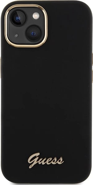 Mbështjellës Guess Silicone Script Metal Logo & Frame për iPhone 15, i zi