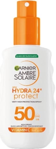 Spray për trup Garnier Ambre Solaire Hydra 24H Protective Spray SPF50 për femra, 150ml