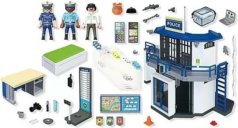 Set lodër policie, Playmobil, 71874 City Action Police Station me dhomë marrjeje në pyetje, 129 pjesë, 3 figura
