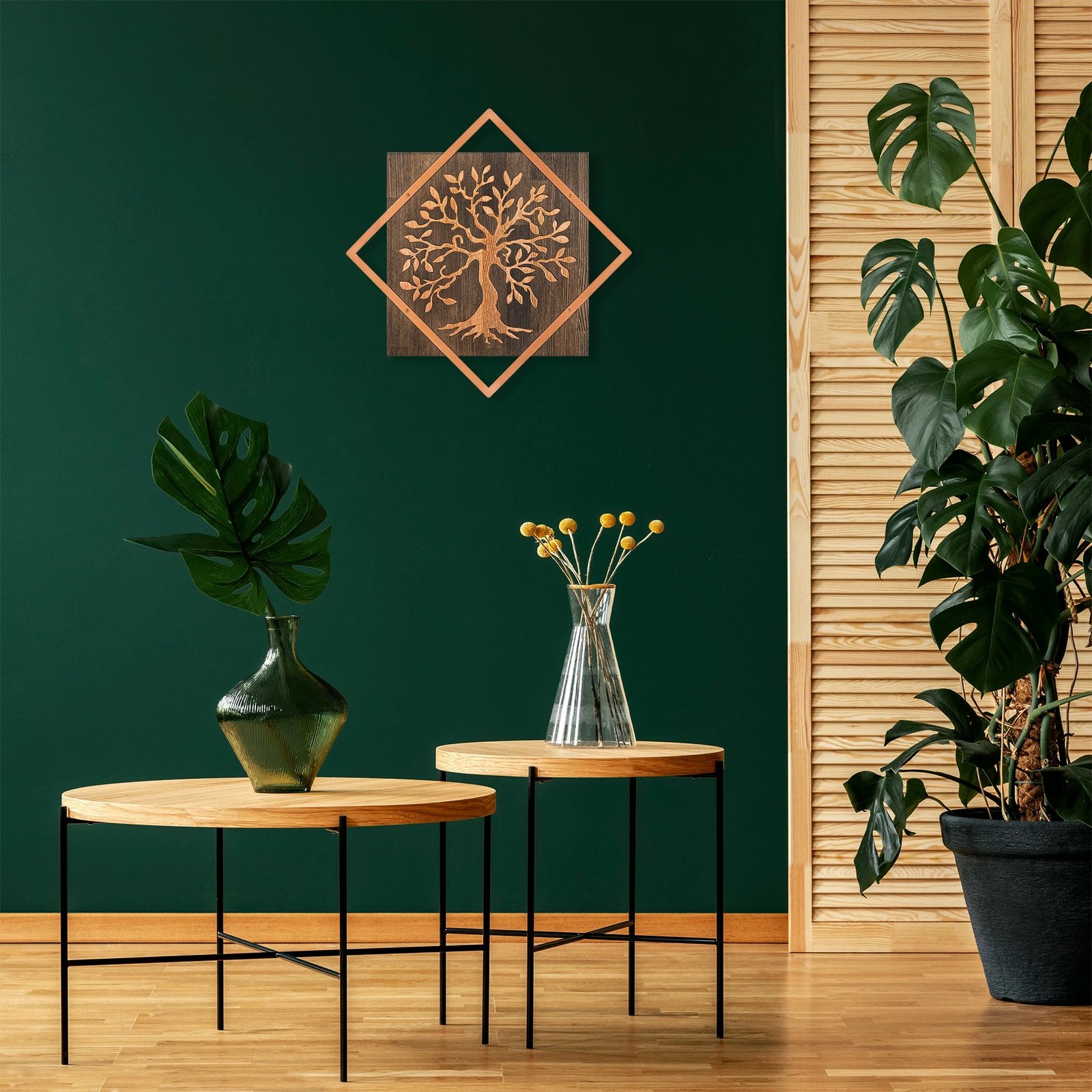 Aksesor dekorativ për mur, dru dhe bakër, Wallity, pemë v2, ngjyrë arre-bakër