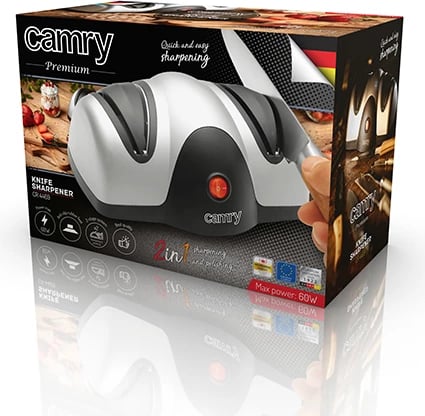 Mprehës elektrik thikash, Adler Camry, CR 4469, 2 faza, 40-60W, kënd udhëzues, këmbë antirrëshqitëse, argjendtë/zi