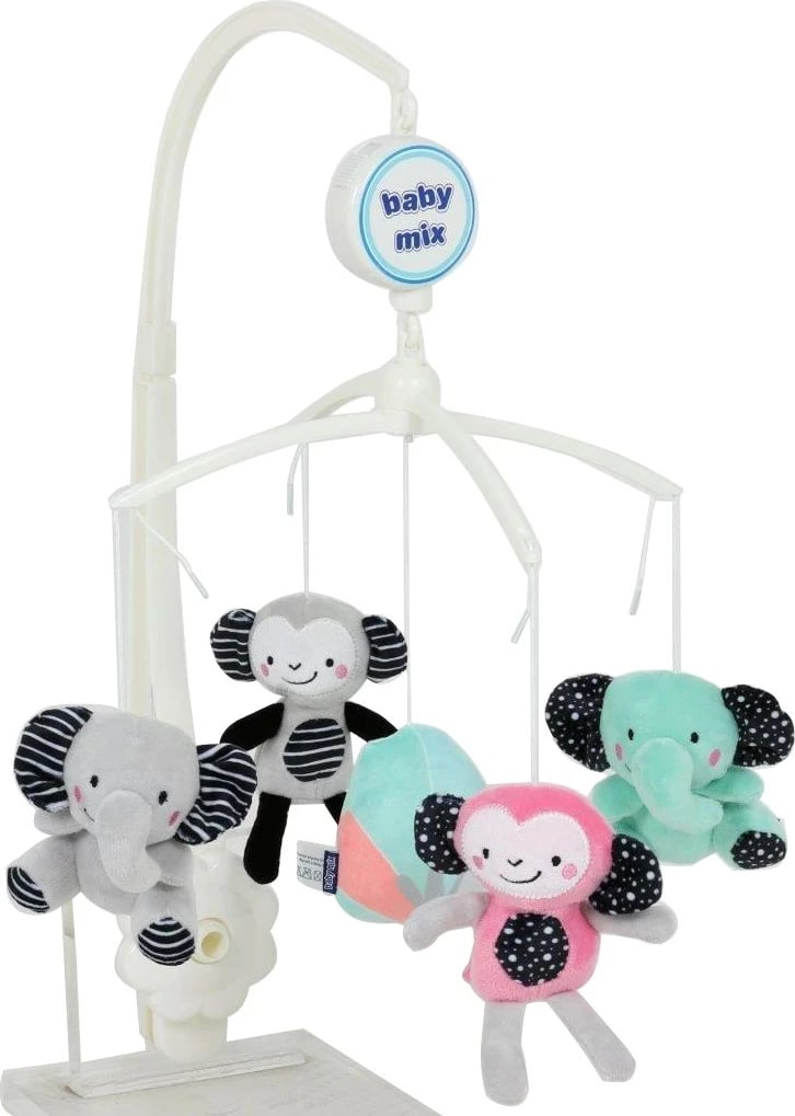 Karusel muzikal për krevat bebe, BABY MIX, Zoo, me figurina plushi 12 cm, mekanik rrotullues, multingjyrësh