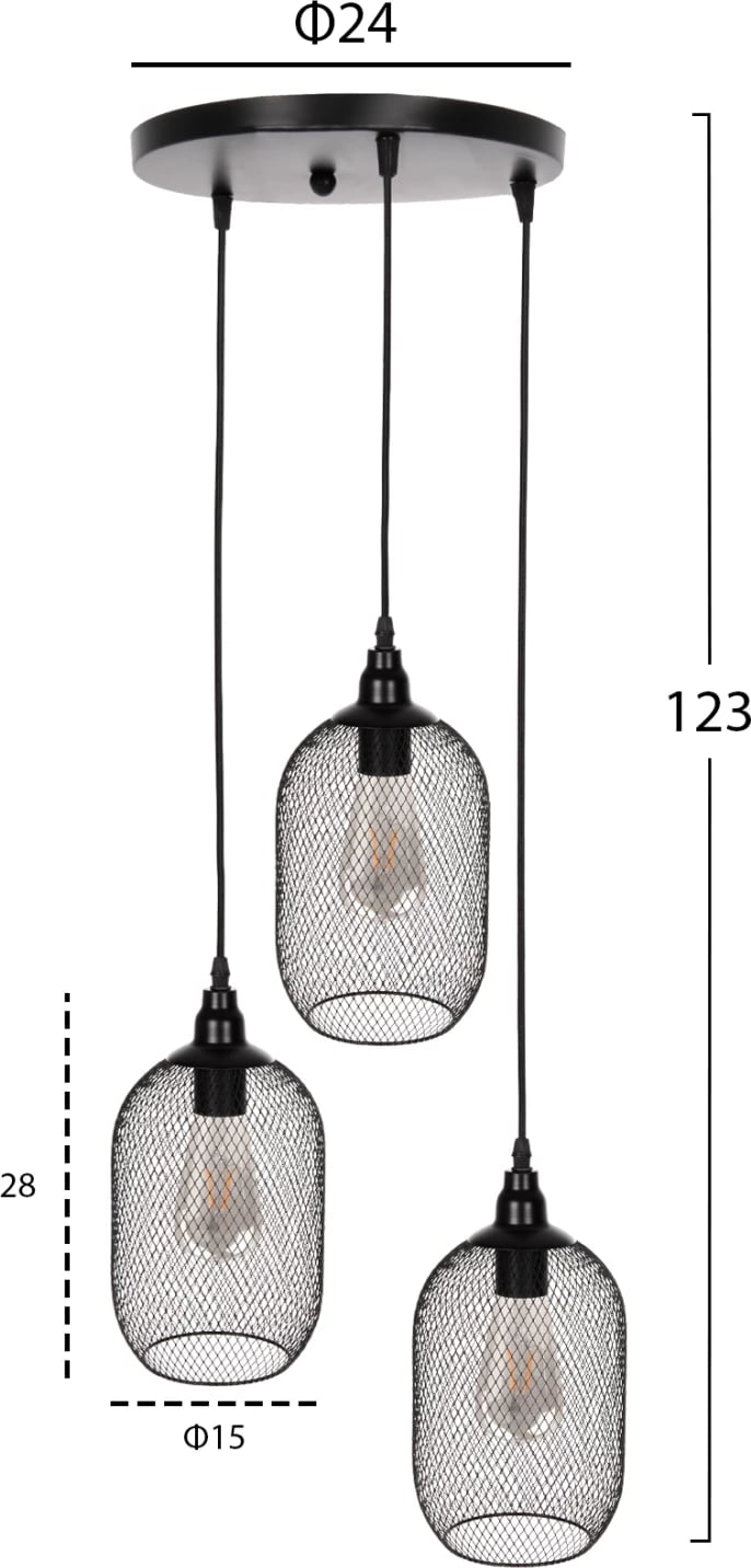 Llambë varëse tavani, 3 drita, rrjetë metali e zezë, FH4104, Φ24x123H cm