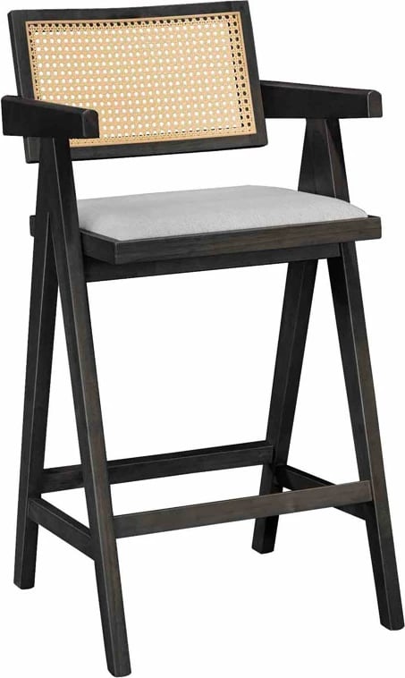 Karrige për bar me krahë Winslow, dru rubberwood, e zezë, pvc ratan natyral, stof gri, set prej 2 copë