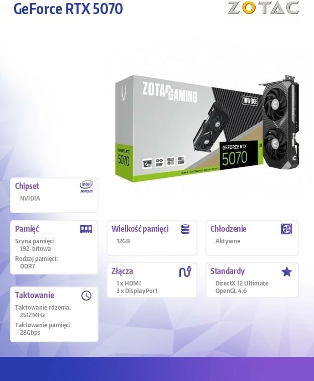 Kartelë grafike, ZOTAC GAMING, GeForce RTX 5070 Twin Edge, 12GB GDDR7 192-bit, PCIe 5.0, 3xDP/HDMI