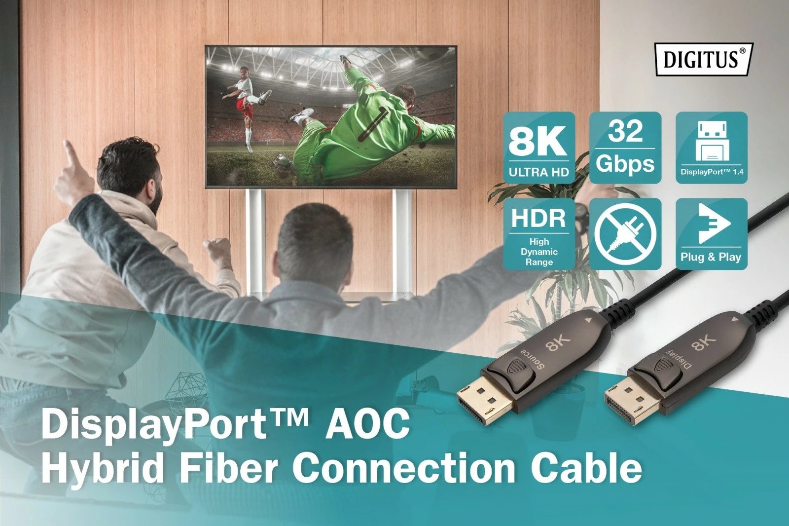 Kabllo DisplayPort Digitus AK-340107-200-S, Hybrid AOC, 20m, 8K/60Hz, e zezë