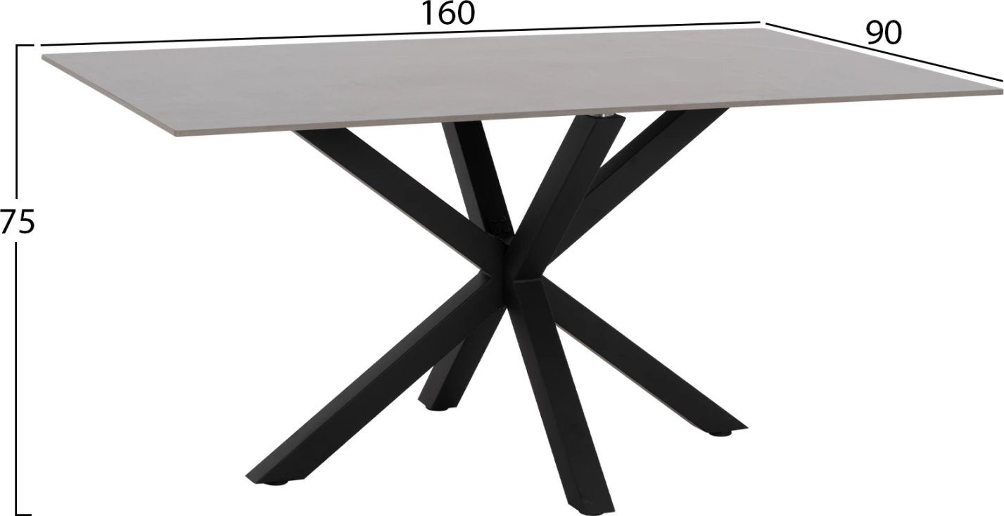 Tavolinë ngrënieje, sipërfaqe guri të sinteruar, këmbë metali, 160x90x75 cm