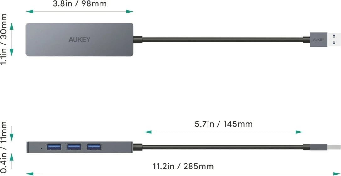 HUB USB-A AUKEY CB-H36 4x USB 3.0 5Gbps ultra i hollë alumini kabllo 145 mm argjendtë