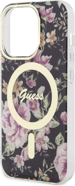 Mbështjellës Guess GUHMP14LHCFWSK për iPhone 14 Pro 6.1", Flower MagSafe, zi