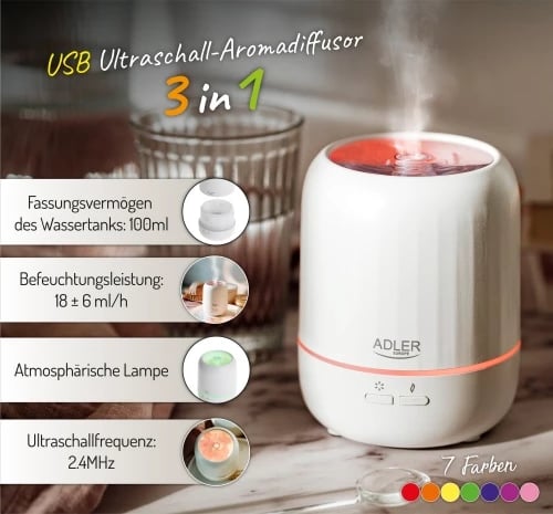 Difuzer arome ultrasonik USB 3-në-1, Adler, AD 7968, 100 ml, deri 25 m2, ndriçim 7 ngjyra, auto-off, i bardhë