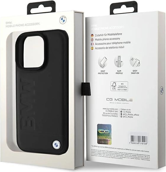 Mbështjellës BMW Leather Hot Stamp për iPhone 16 Pro, e zezë