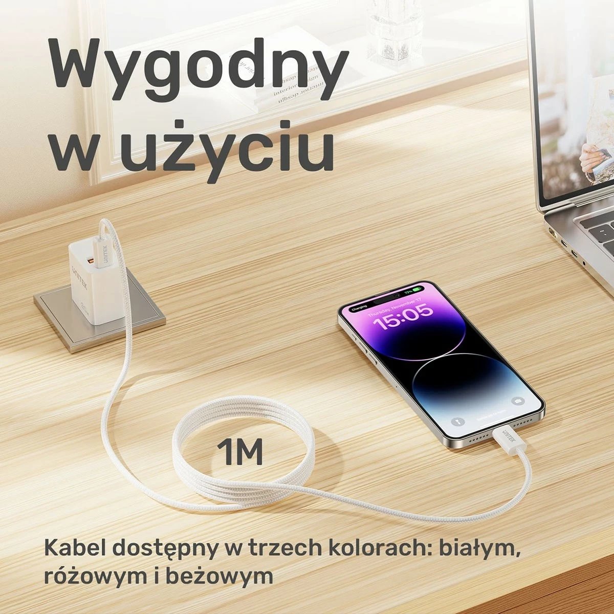 Kabëll Unitek USB-C PD 100W 1m, bezhë Kabëll Unitek USB-C PD 100W 1m, bezhë