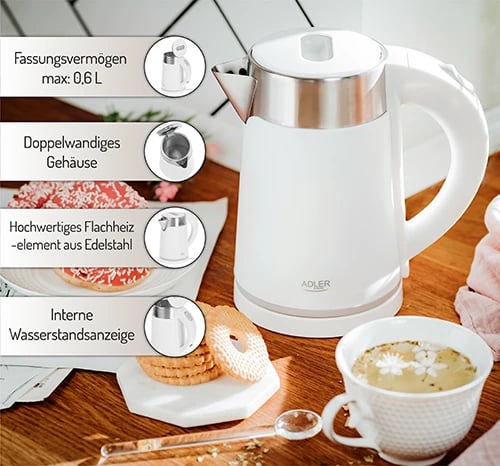 Çajnik elektrik, Adler, AD 1372, 0.6 L, 800 W, çelik inoksi, i bardhë