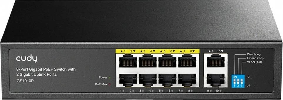Switch Cudy GS1010P, 8 porte Gigabit PoE+, 2 porte uplink Gigabit, fuqi PoE 120W, kasë metalike, rack