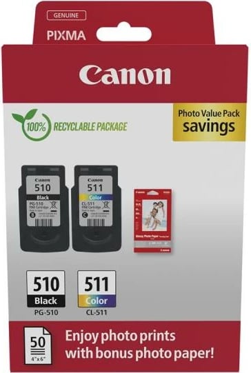 Paketë bojë printeri dhe letër foto, Canon PG-510/CL-511 (2970B017), për PIXMA, 2-pack me 50 fletë 10x15cm, e zezë + shumëngjyrëshe
