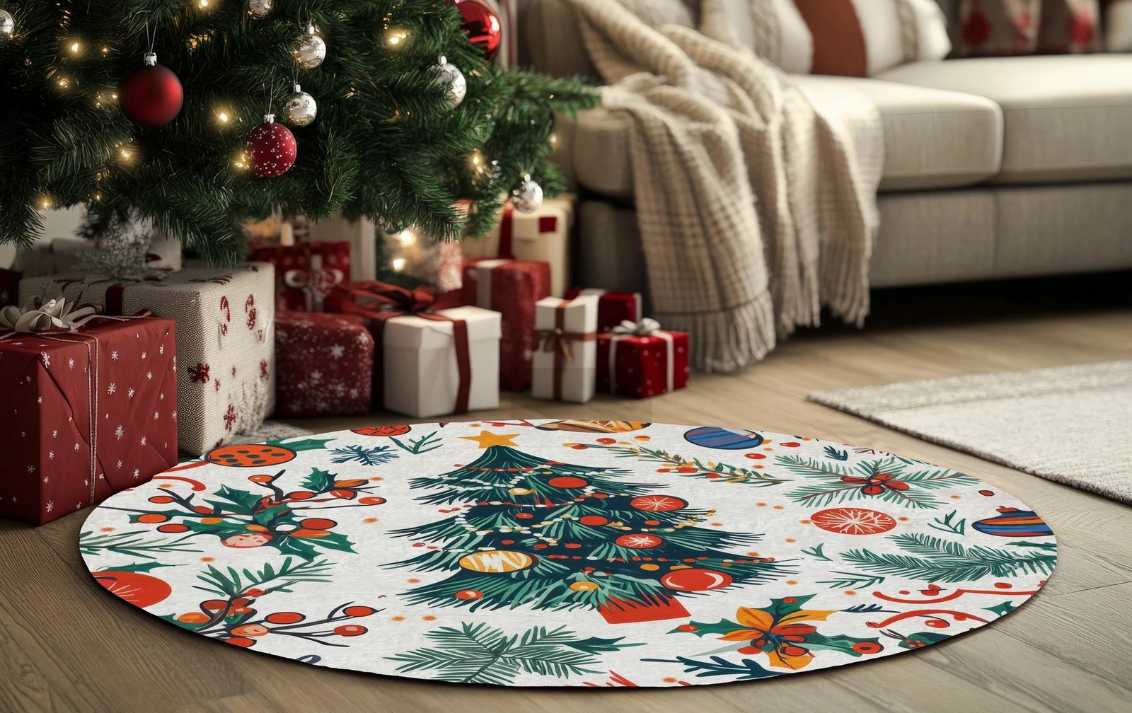 Qilim i rrumbullakët, motiv Krishtlindjesh, shumëngjyrësh, 80x80cm, Crp-Yrlk26-13