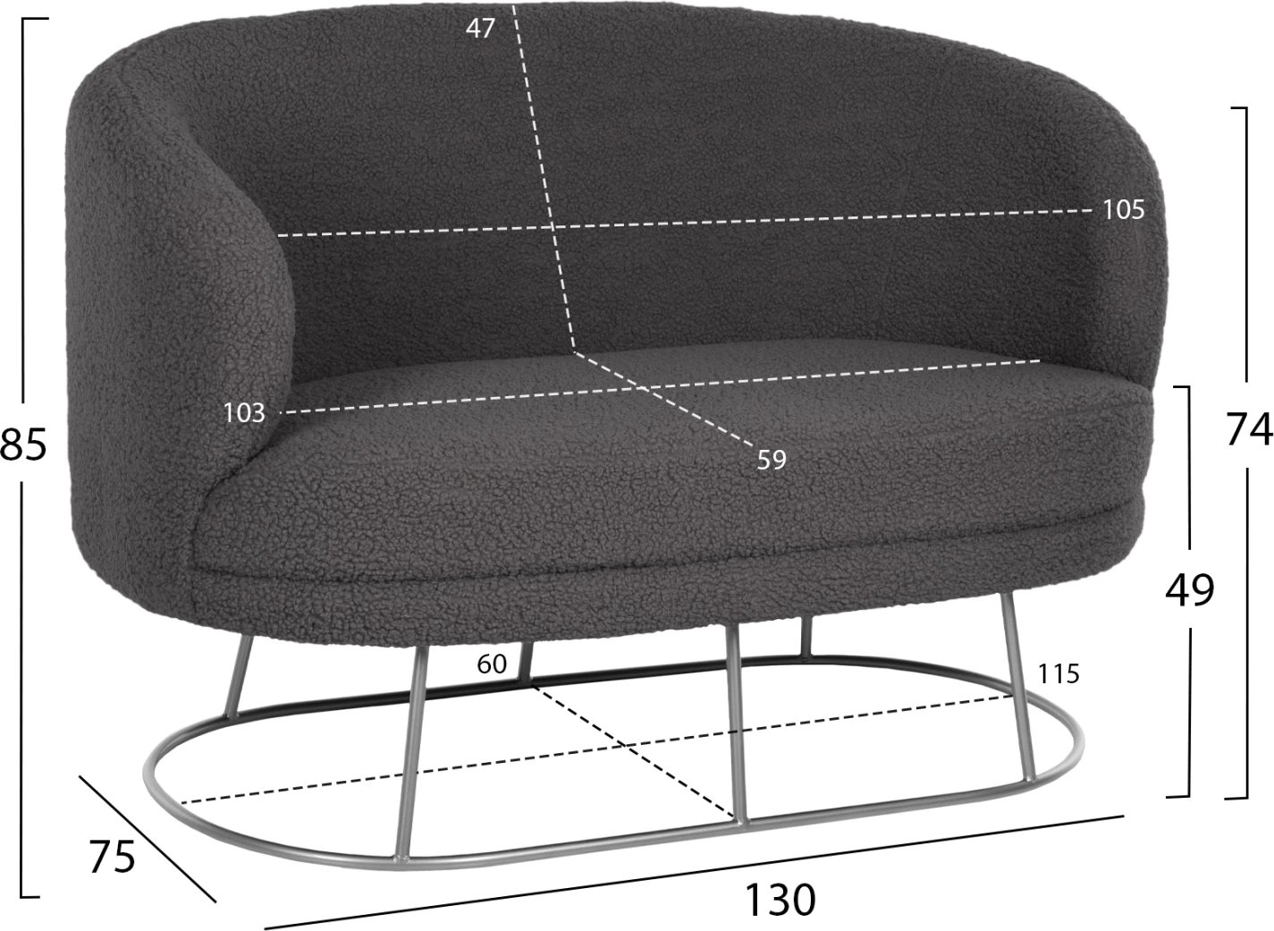 Divan dy vendësh ARIEN, FH8492.21, pëlhurë boucle gri dhe bazë metalike argjendi, 130x75x85H cm