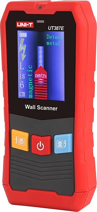 Skaner muri / detektor materiali, UNI-T UT387E, ekran 2.4", zbulim metal/druri/tela me rrymë deri 100 mm, bateri Li-ion me USB, e kuqe-gri