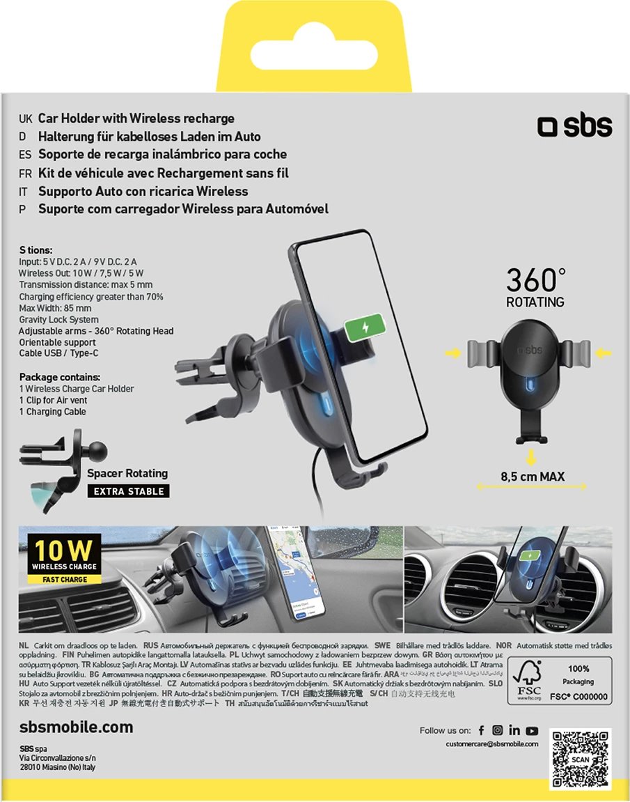 Mbajtëse celulari me karikues wireless SBS TESUPWIR10CLIPSTG, 10W, e zezë