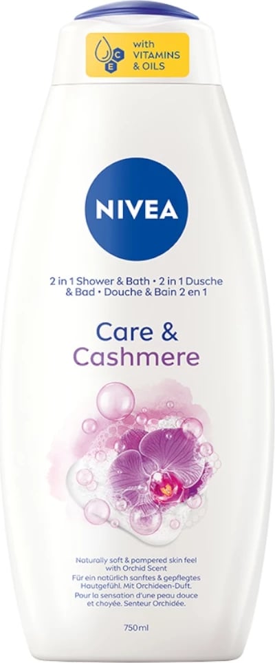 Xhel dushi dhe lëng për banjë për femra Nivea Care & Cashmere 2-in-1, 750ml Xhel dushi dhe lëng për banjë për femra Nivea Care & Cashmere 2-in-1, 750ml