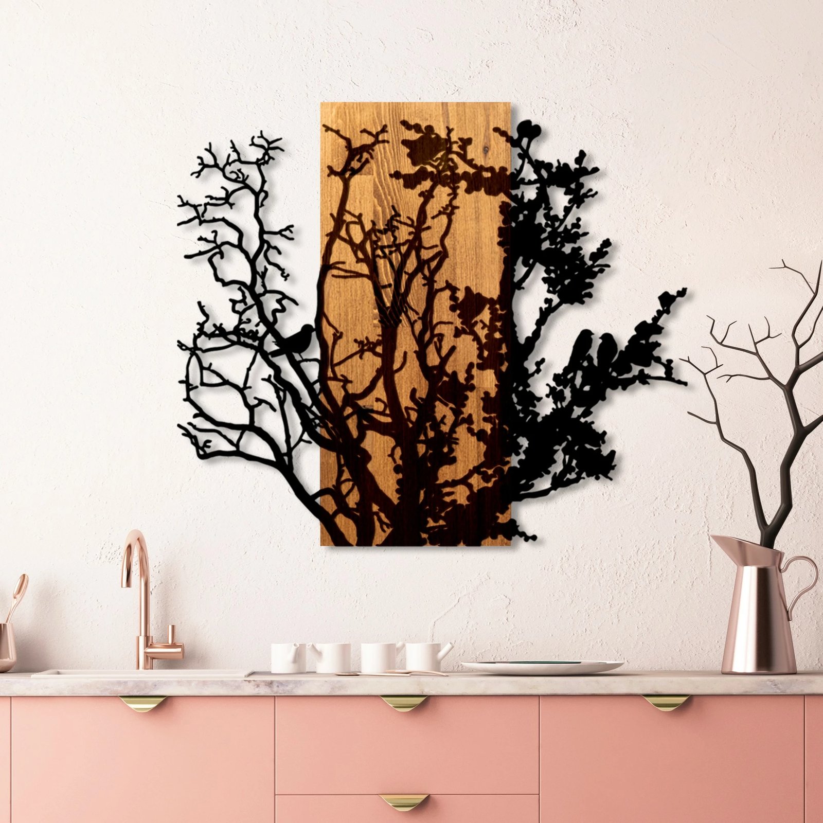 Aksesor dekorativ muri prej druri, Wallity, motiv bari të thatë, ngjyrë arre/zezë, 68x58cm