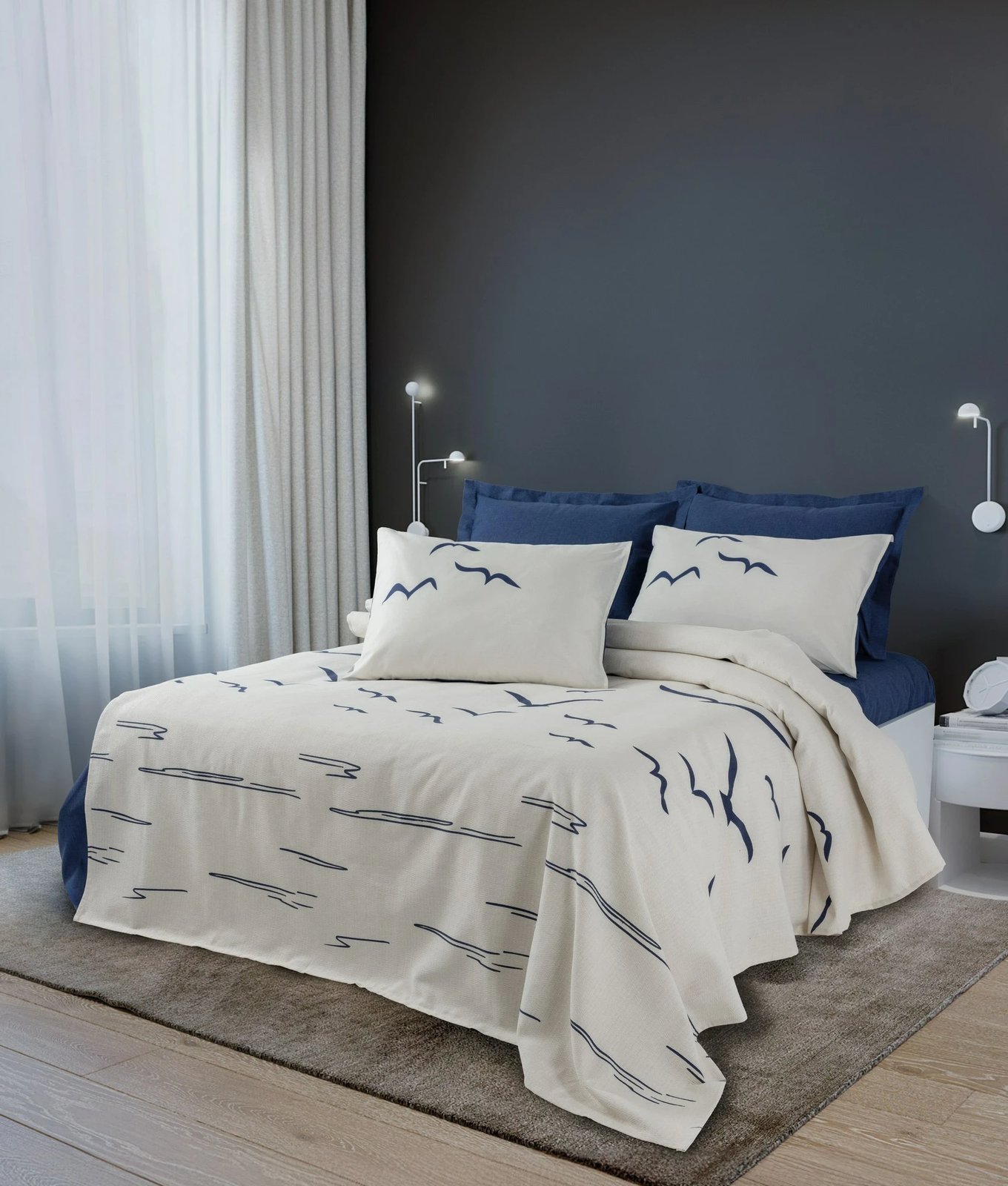 Batanije pique njëpersonëshe, ngjyrë kaltër e errët, L'essentiel, 155x220cm