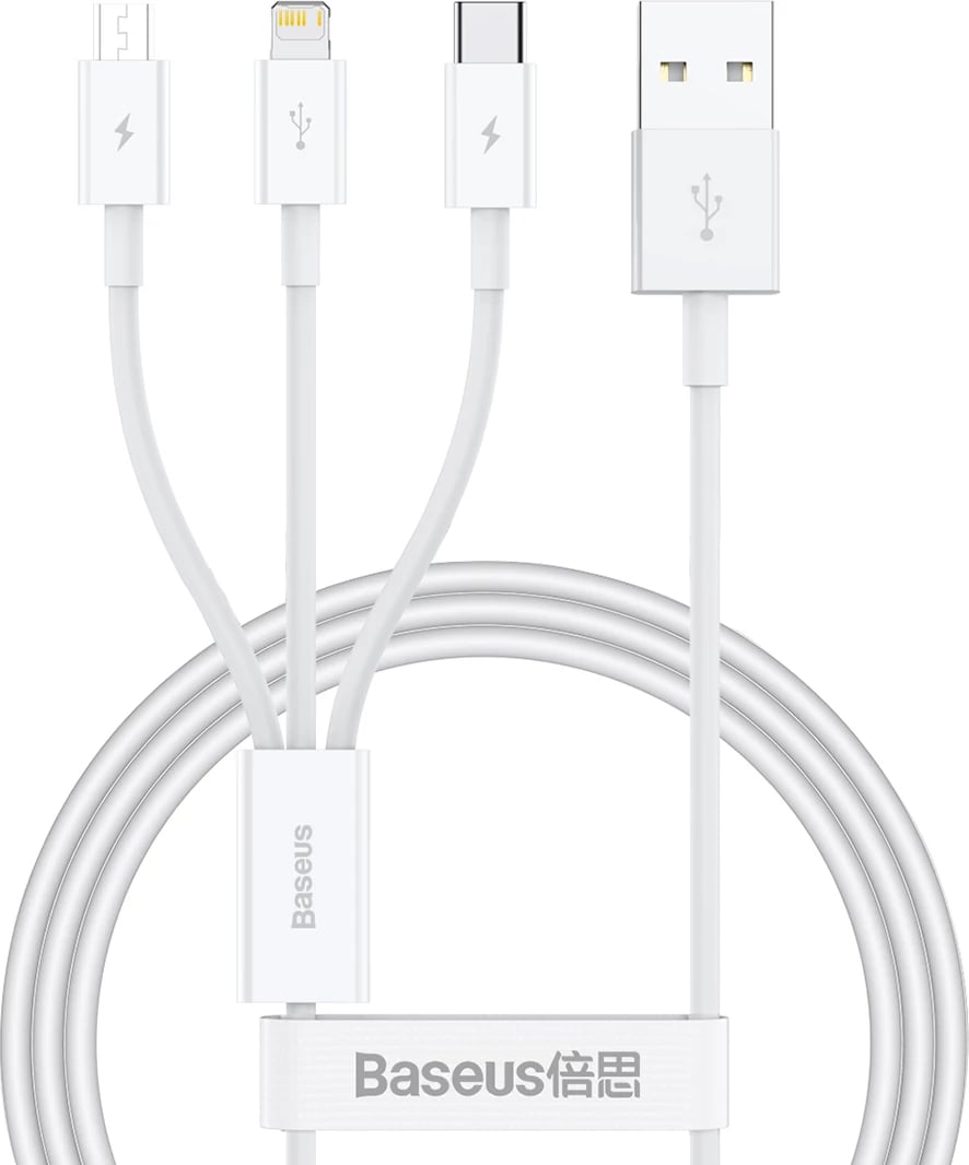 Kabllo Baseus Superior Series P10320105221-01, USB-A në USB-C/Lightning/micro USB, 0.5m, Bardhë