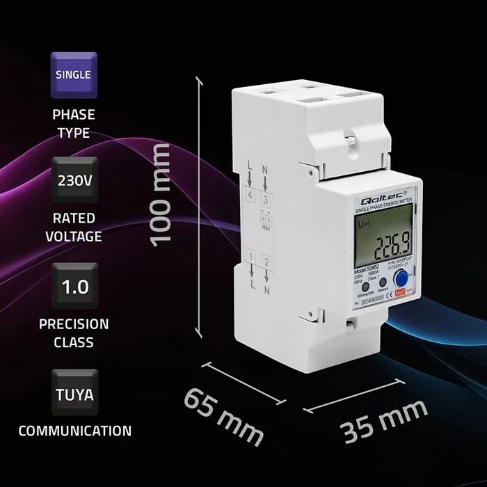 Matës energjie njëfazësh për DIN rail, Qoltec 50882, LCD, Wi-Fi, TUYA, 230V
