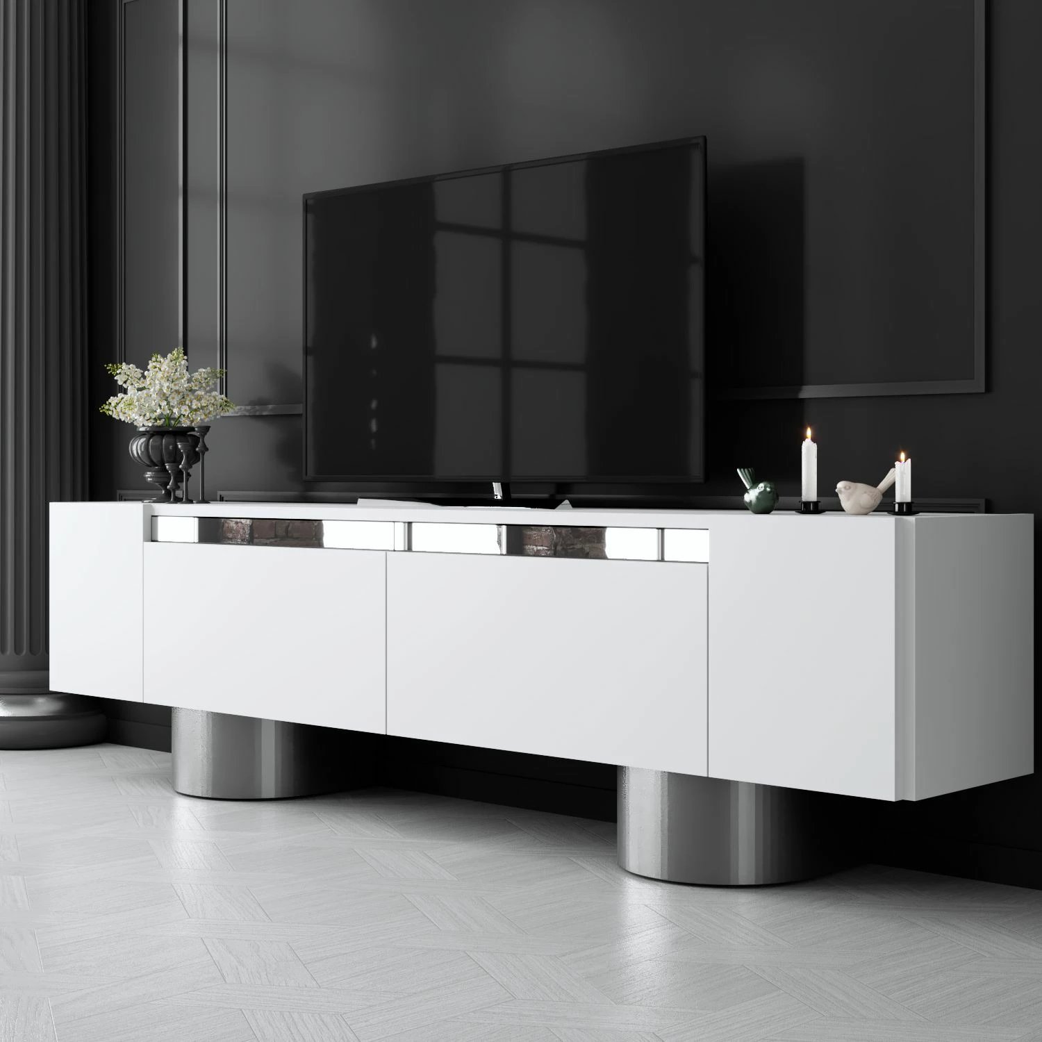 Komodë TV Hanah Home, Bohem, e bardhë dhe argjendtë