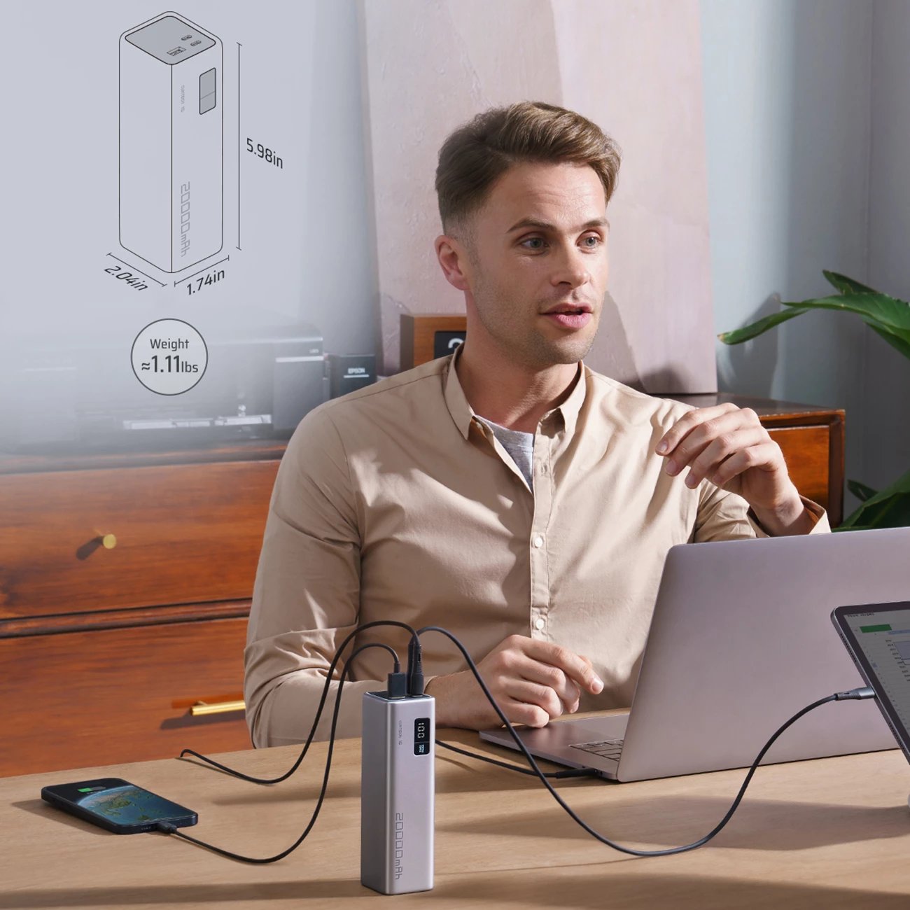Powerbank Cuktech CUKP200XGLGR, 20000mAh, 100W, 2x USB-C, 1x USB-A, Gri