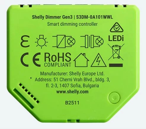 Dimmer Shelly Dimmer Gen3, wireless, kontroll me aplikacion, për LED, zi/lime Dimmer Shelly Dimmer Gen3, wireless, kontroll me aplikacion, për LED, zi/lime