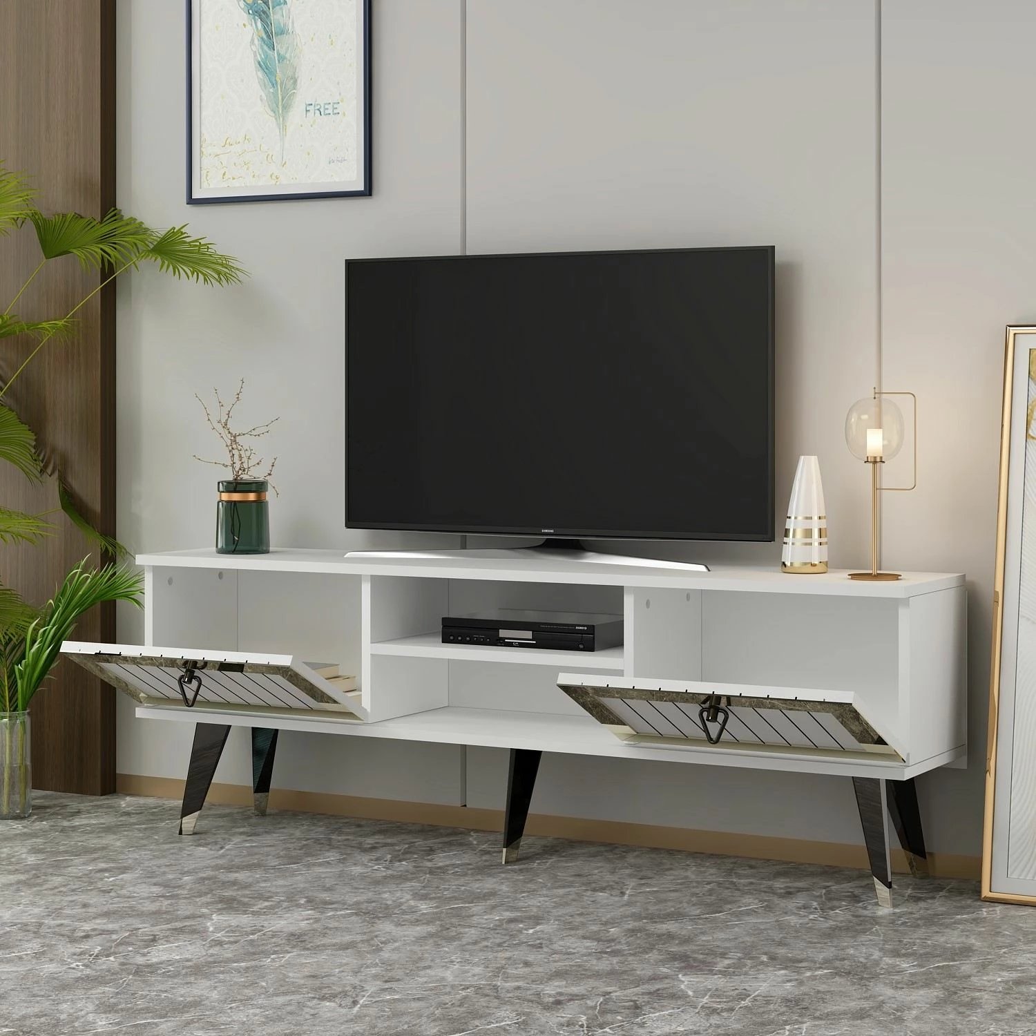 Komodë për TV Skye Decor, Lidya, e bardhë dhe ari