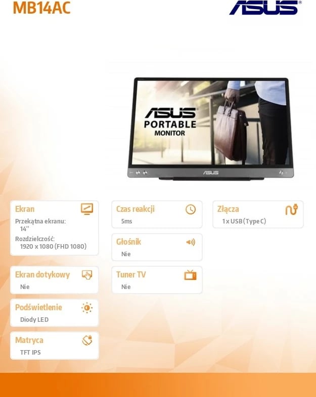 Monitor portativ Asus MB14AC, 14", IPS, FHD, USB-C, i zi