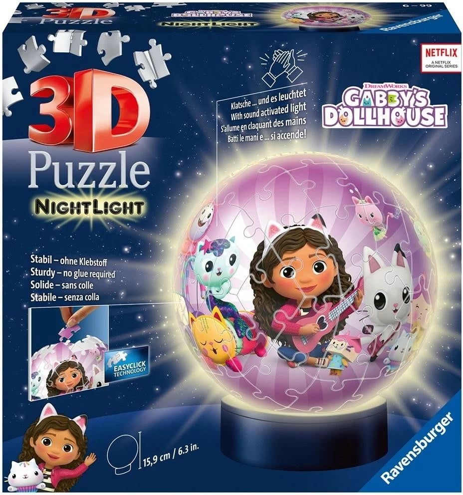 Puzzle 3D Ravensburger Gabby’s Dollhouse, 72 pjesë, plastikë, dritë nate, rozë