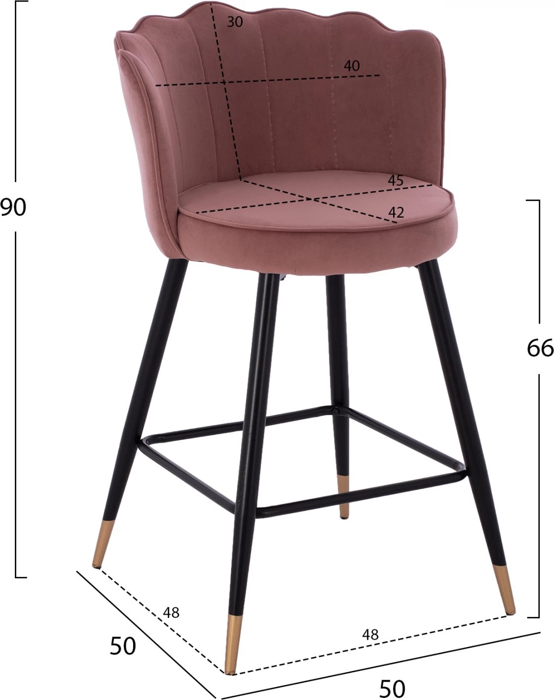 Karrige mesatare për bar, FH8736.02, kadife rozë e pluhurosur, kornizë metalike, 50x50x90 cm, set prej 2 copë