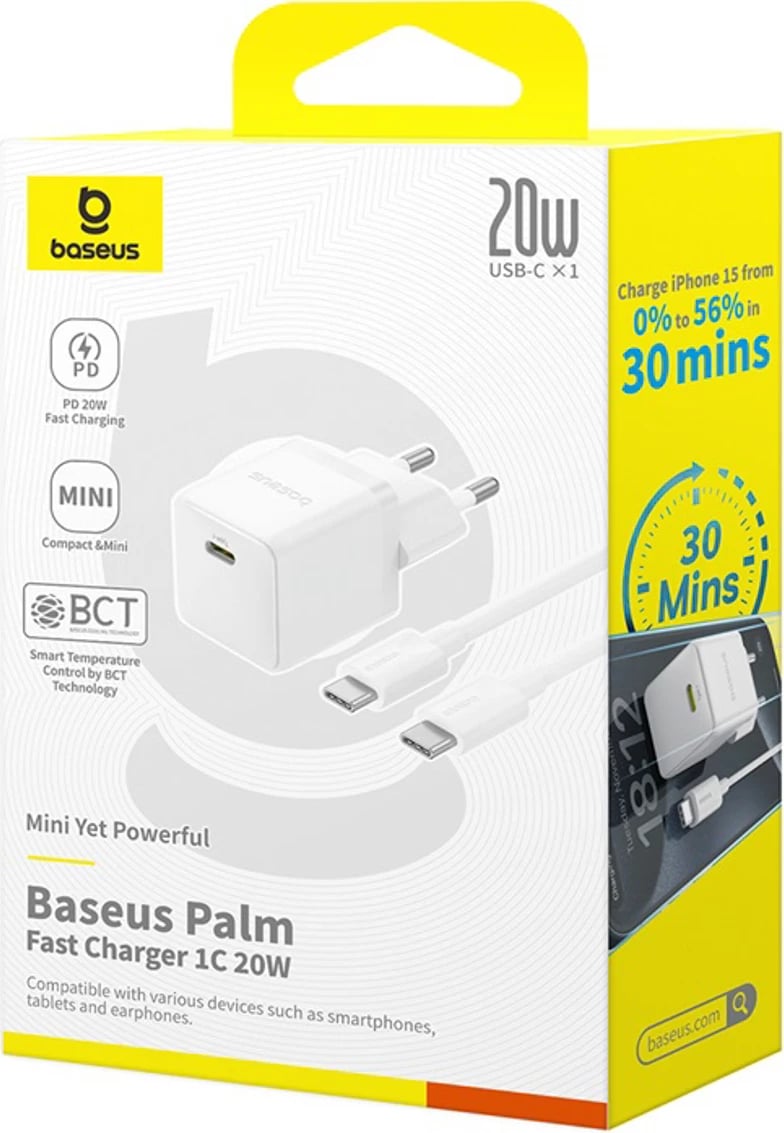 Karikues muri Baseus Palm 1C, 20W, me kabllo USB-C 1m, Bardhë