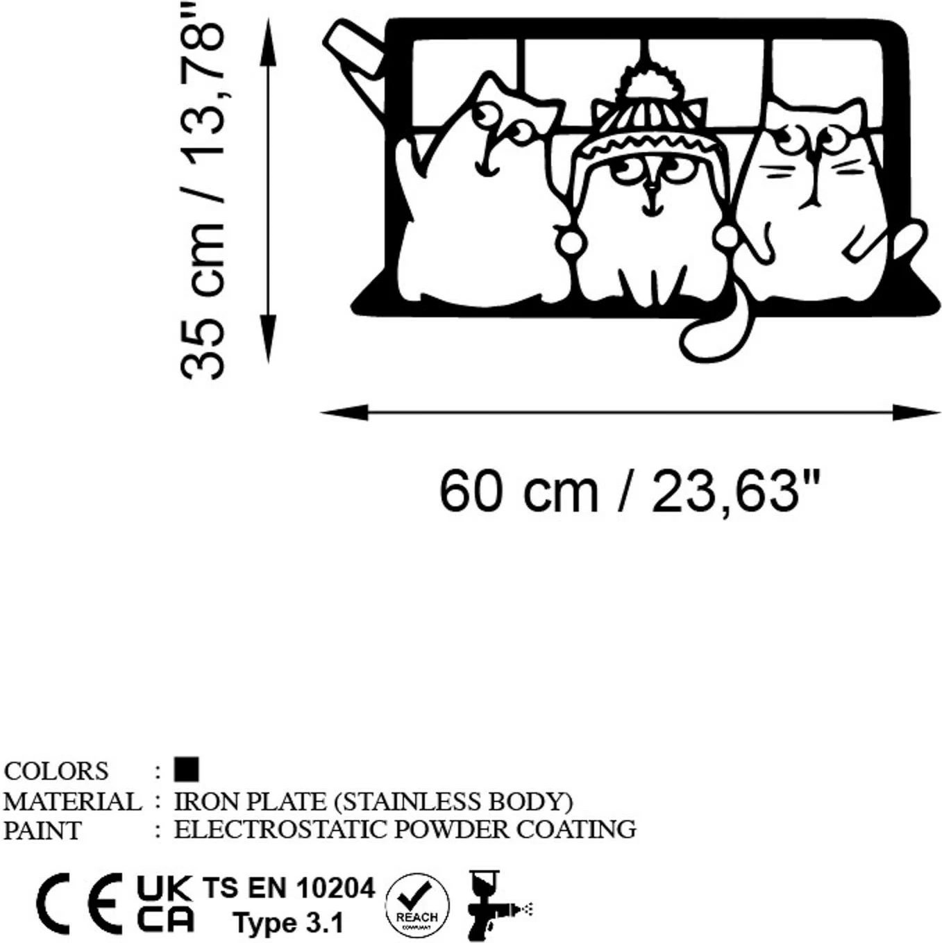 Aksesor dekorativ metalik për mur, mace, Wallity, Cat 7, ngjyrë e zezë, 60x35cm