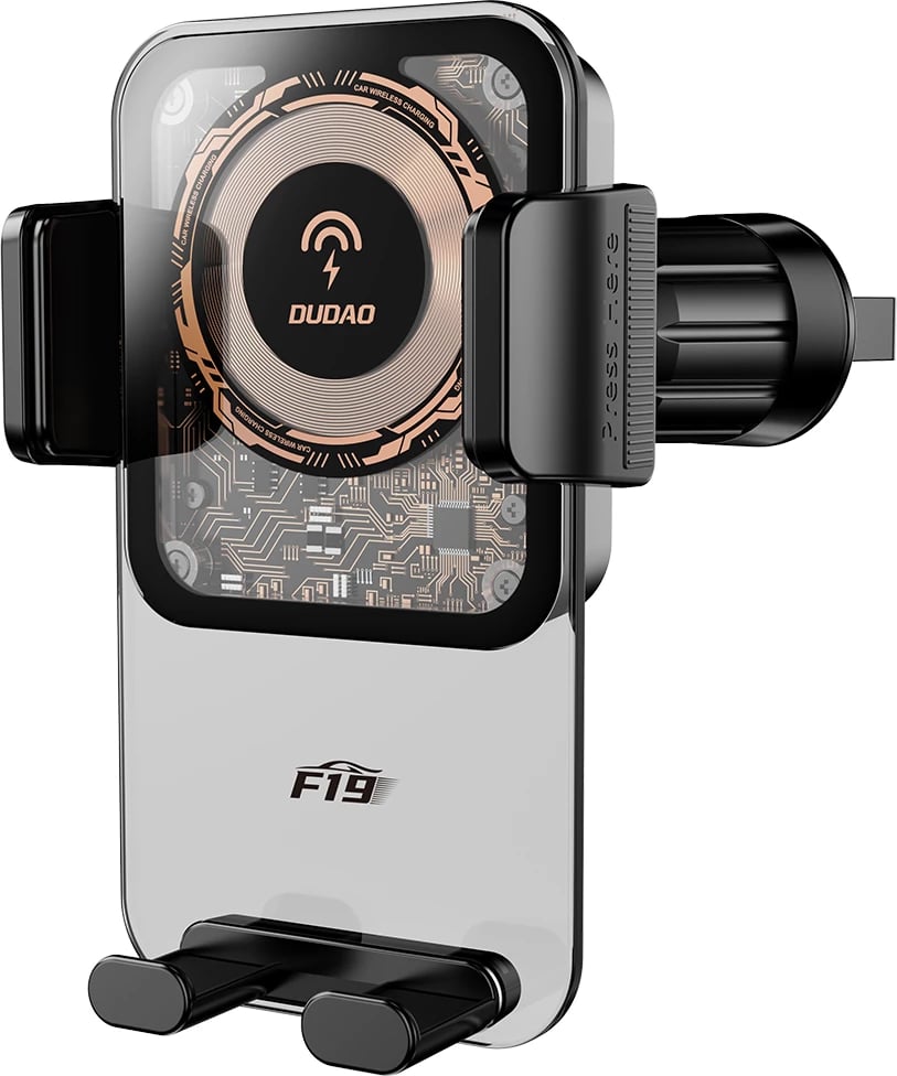 Mbajtës makine me karikues me valë 15W, Dudao F19, krah i rregullueshëm, montim panel/ventilim, zi