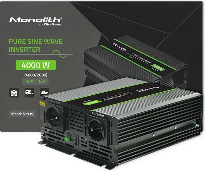 Konvertues voltazhi Qoltec Monolith 51935, 2000W/4000W, 12V në 230V, Pure Sine Wave, Grafit