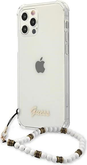 Mbështjellës Guess GUHCP12MKPSWH për iPhone 12/12 Pro 6.1", transparent me varëse perlë Mbështjellës Guess GUHCP12MKPSWH për iPhone 12/12 Pro 6.1", transparent me varëse perlë