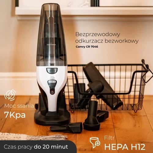 Fshesë me korrent pa qese dorëmbajtëse, Camry, CR 7046, 0.5L 200W 7000Pa HEPA H12, pa kabllo 20 min, set me 4 koka Fshesë me korrent pa qese dorëmbajtëse, Camry, CR 7046, 0.5L 200W 7000Pa HEPA H12, pa kabllo 20 min, set me 4 koka