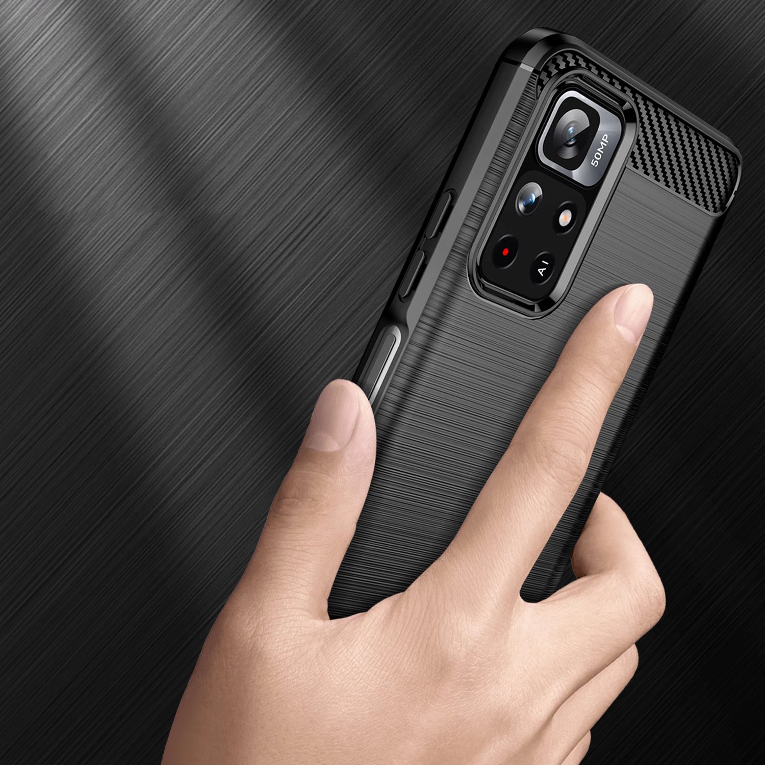 Mbështjellës Hurtel Carbon Case për Xiaomi Redmi Note 11, i zi