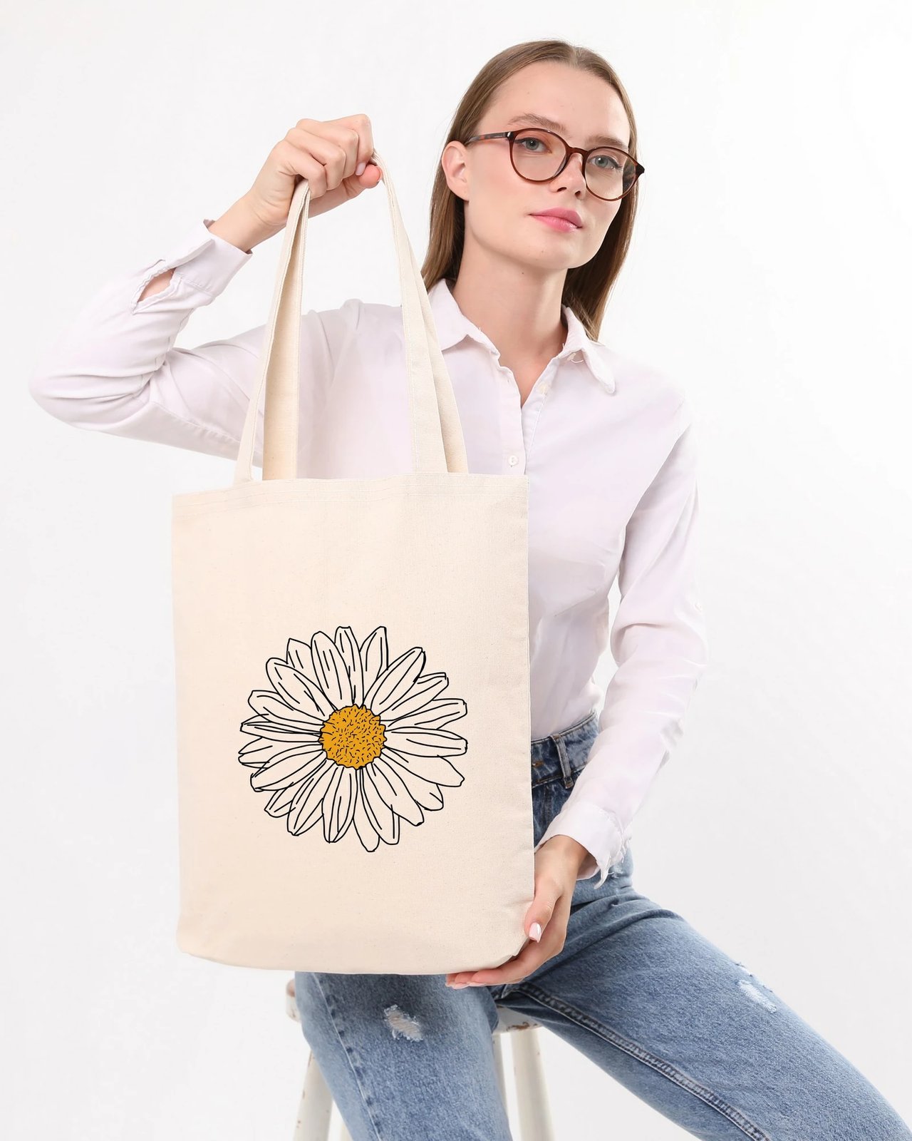 Çantë tote Zoozie Bags, krem, 35x40x8cm, me lule
