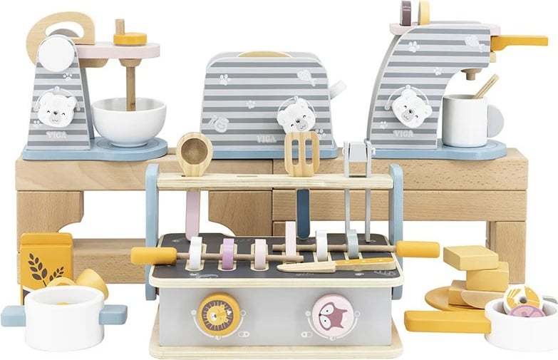 Mini kuzhinë druri, Viga, sobë palosëse me tigan e tenxhere, aksesorë lojë imagjinare 2+ vjeç, multikolor, set