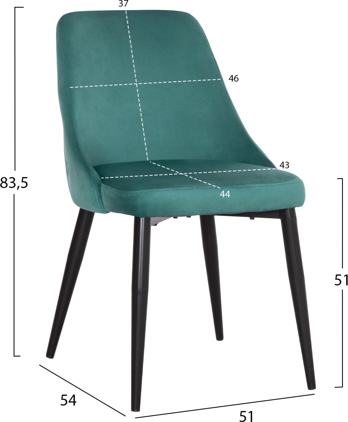 Karrige për ngrënie SERENITY FH8527.13, kadife mente, këmbë metalike të zeza, 51x54x83.5 cm, set prej 2 copash