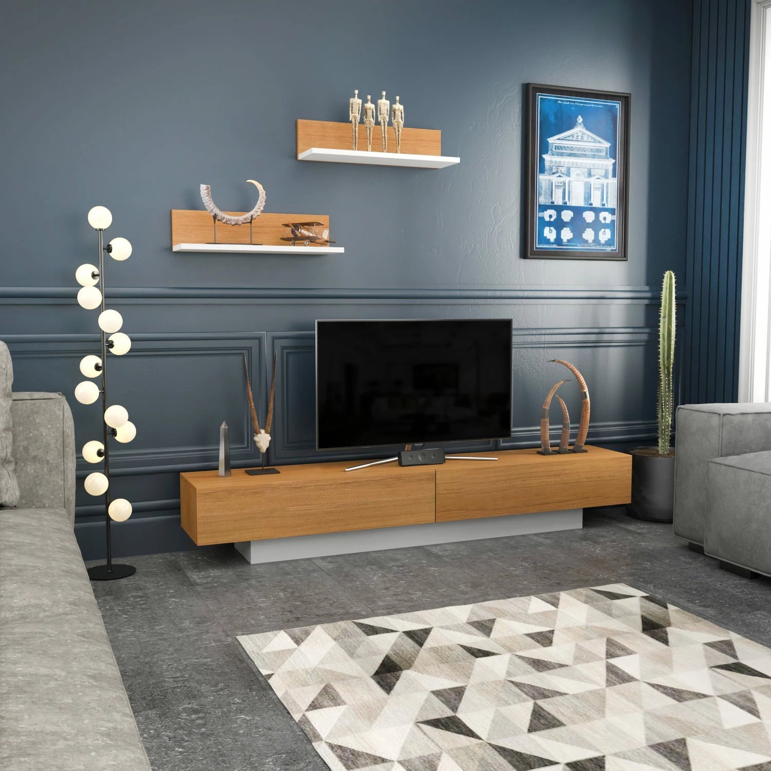 Komodë TV Skye Decor, Lusi, e bardhë dhe dru tik