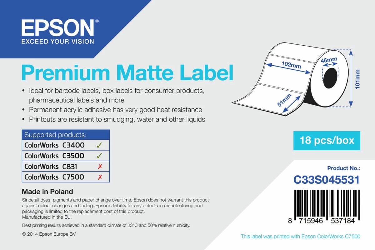 Etiketa printeri Epson C33S045531, të bardha